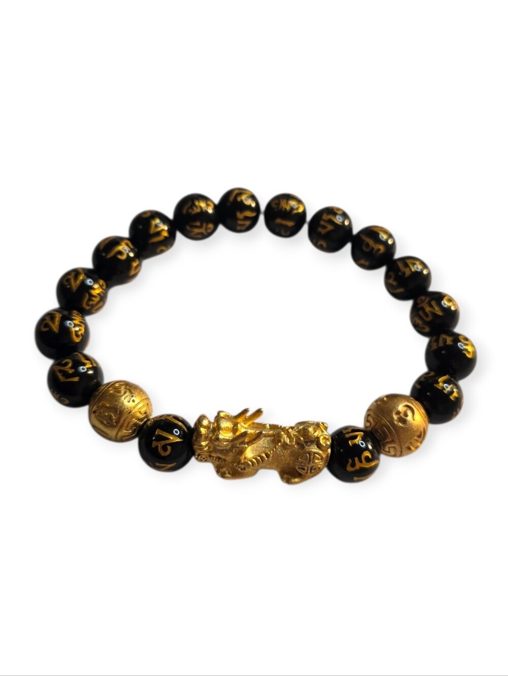 Black Obsidian Gold Pixiu Chinese Character Beaded Stretch Bracelet